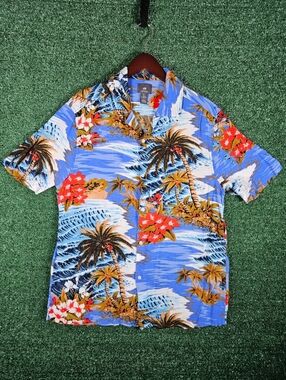 H&M Casual Blue Tropical Palm Print Button Down Shirt / Mens Size Large